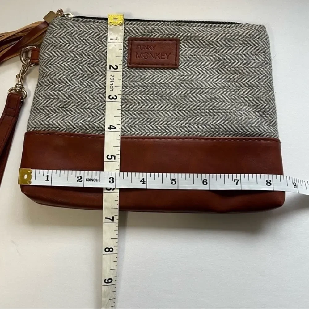 Funky Monkey Clutch Herringbone Gray & Faux Leather Purse 8.5”x6.5” Bag